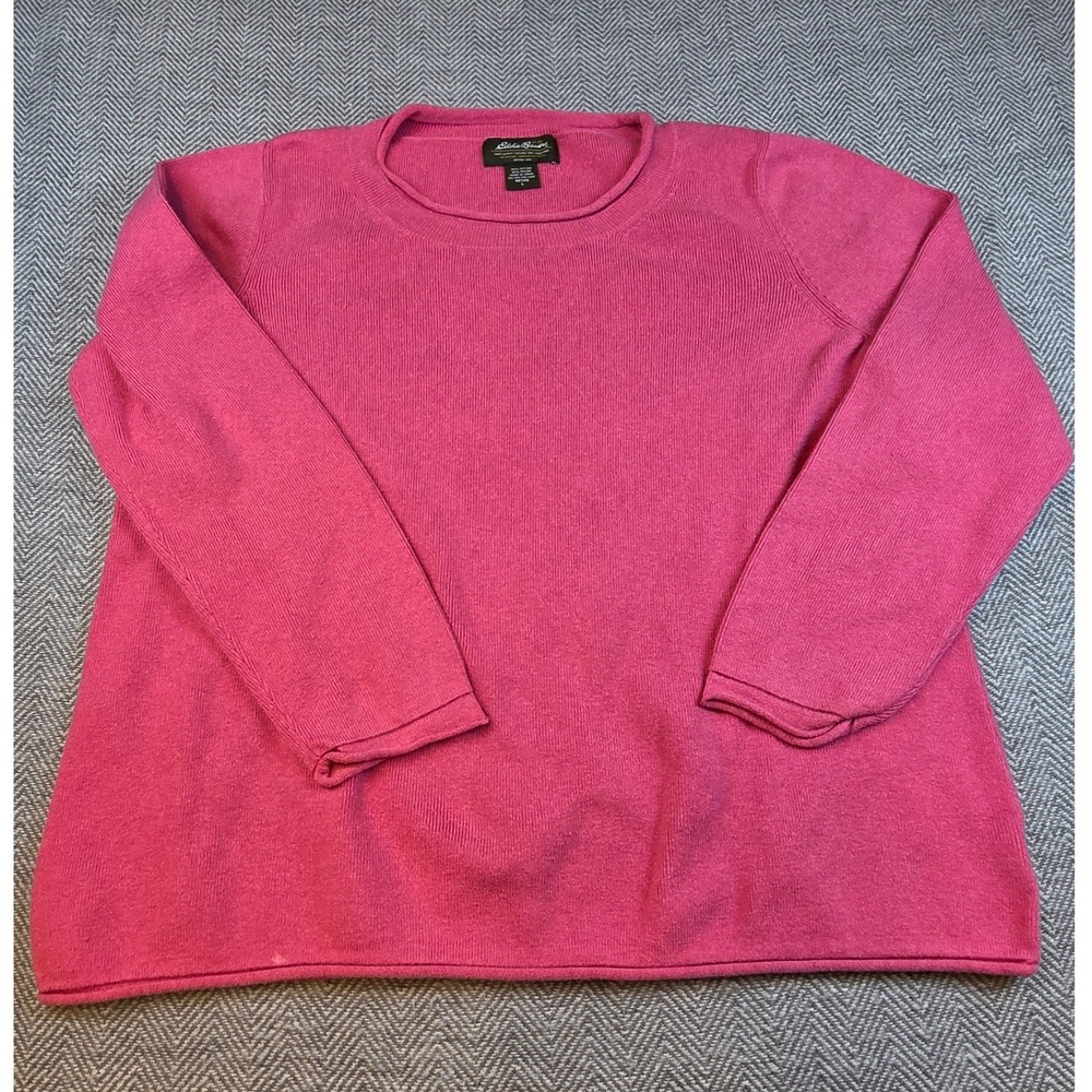 Eddie Bauer Pink Ribbed Knit Rolled Crew Neck Sweater Petite Large Cotton Blend